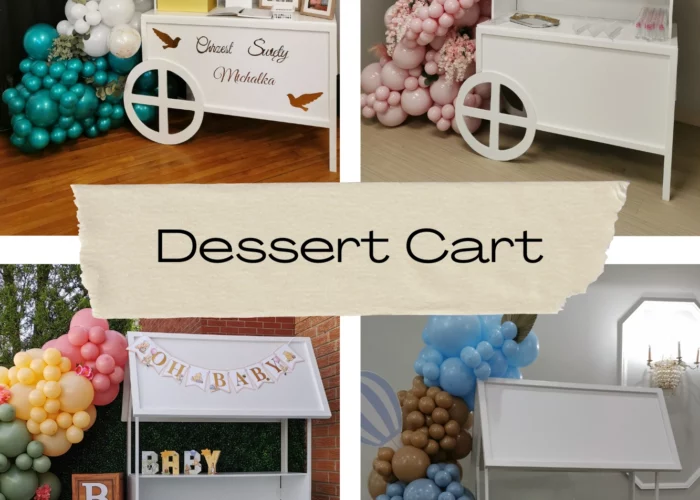 Collage of dessert cart setups for previous clients.