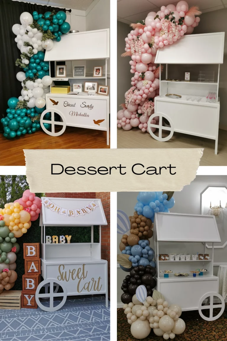 Collage of dessert cart setups for previous clients.