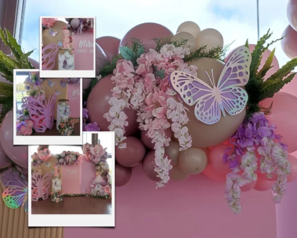 Collage depicting a butterfly and fairy birthday day including backdrops, balloon garlands, and cake stand and plinth.