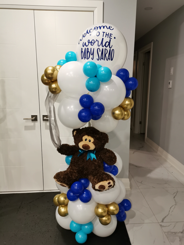 Balloon arrangement with teddy bear and custom decal.