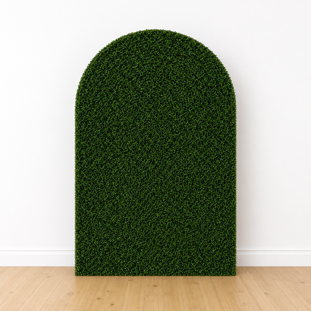 Rendered image of a green boxwood arch wall.
