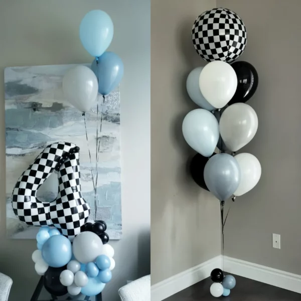 A display of checkered and pastel balloons with a large black and white number 4, perfect for a birthday celebration.