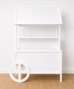 White dessert cart with two shelves.