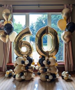 Custom balloon number stack with one large air-filled digit and a deluxe balloon base. Numbers and colours fully customizable.
