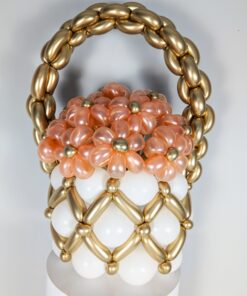 Balloon basket with white and gold balloons, topped with removable peach balloon flowers with gold centres, featuring a gold balloon handle.