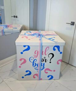 Large white gender reveal box with pink and blue ribbon and “Girl or Boy?” text, designed to release helium balloon bouquet when opened. 💗💙