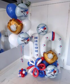 Baseball themed balloon number stack with red white and blue balloons, baseball accents, and custom name decal for a sports birthday celebration. ⚾