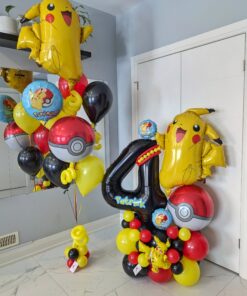 Pokémon themed balloon setup with yellow, red, and black number stack, helium bouquet, Pikachu balloons, and personalized name decal