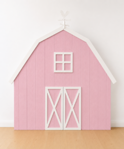 Pink farmhouse barn backdrop with white doors, window, roof trim, and rooster weather vane.