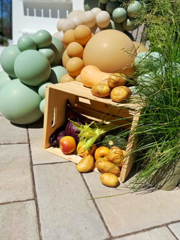 Wooden produce crate surrounded by fruit, vegetables, greenery and soft-toned balloons.