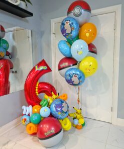 Pokémon-themed personalized number stack with a coordinating colourful helium balloon bouquet.