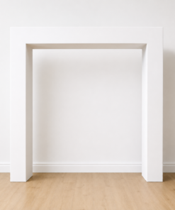 White Modern Square Arch Backdrop displayed against a white wall with light wood flooring.
