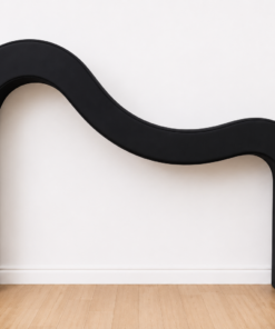 Modern wave arch backdrop rental shown in black with a smooth curved design.
