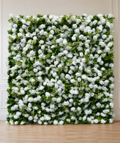 Classic white rose flower wall with dense greenery and realistic white floral accents.