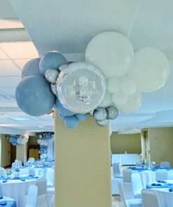 Blue, white and silver First Communion balloon garland with a decorative Communion foil balloon accent.