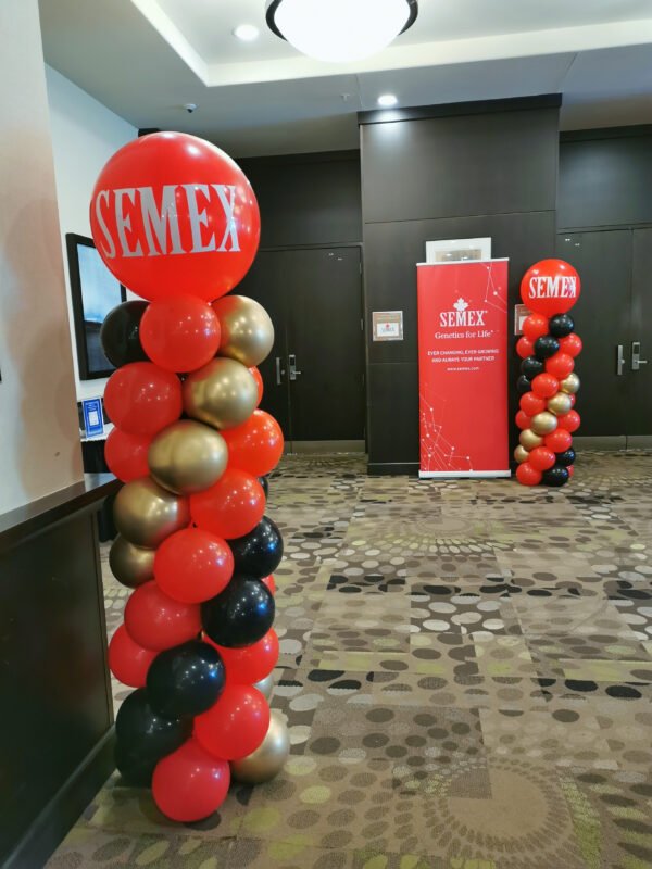 Two branded red, black and gold balloon columns welcoming guests at the Delta Guelph conference centre